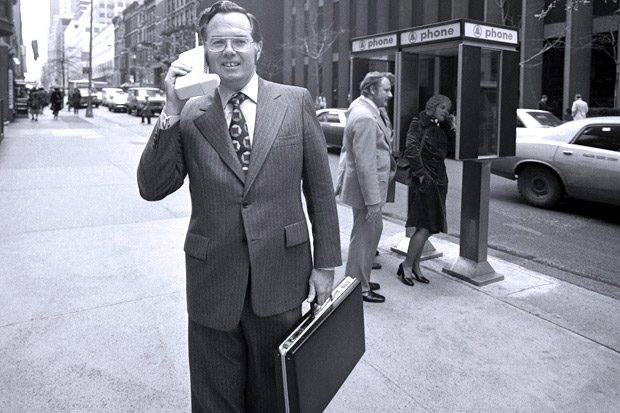 Motorola Vice President and Chief Engineer, John F. Mitchell shows off the DynaTAC portable radio telephone in New York City in 1973.