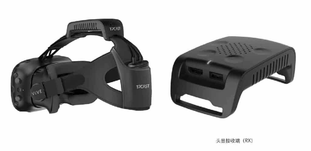 HTC Vive with Wireless addon by TPCAST that fits on top of the headstrap