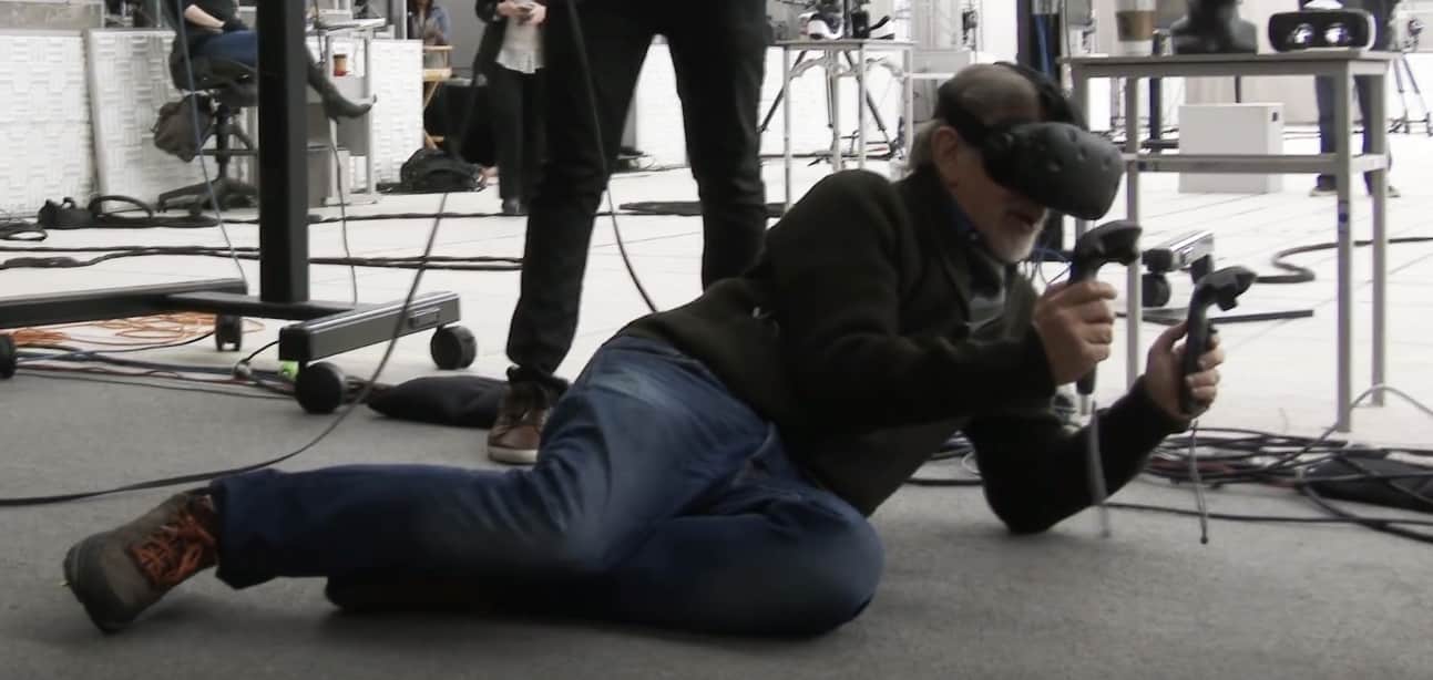 Steven Spielberg using the HTC Vive VR headset during the filming of Ready Player One