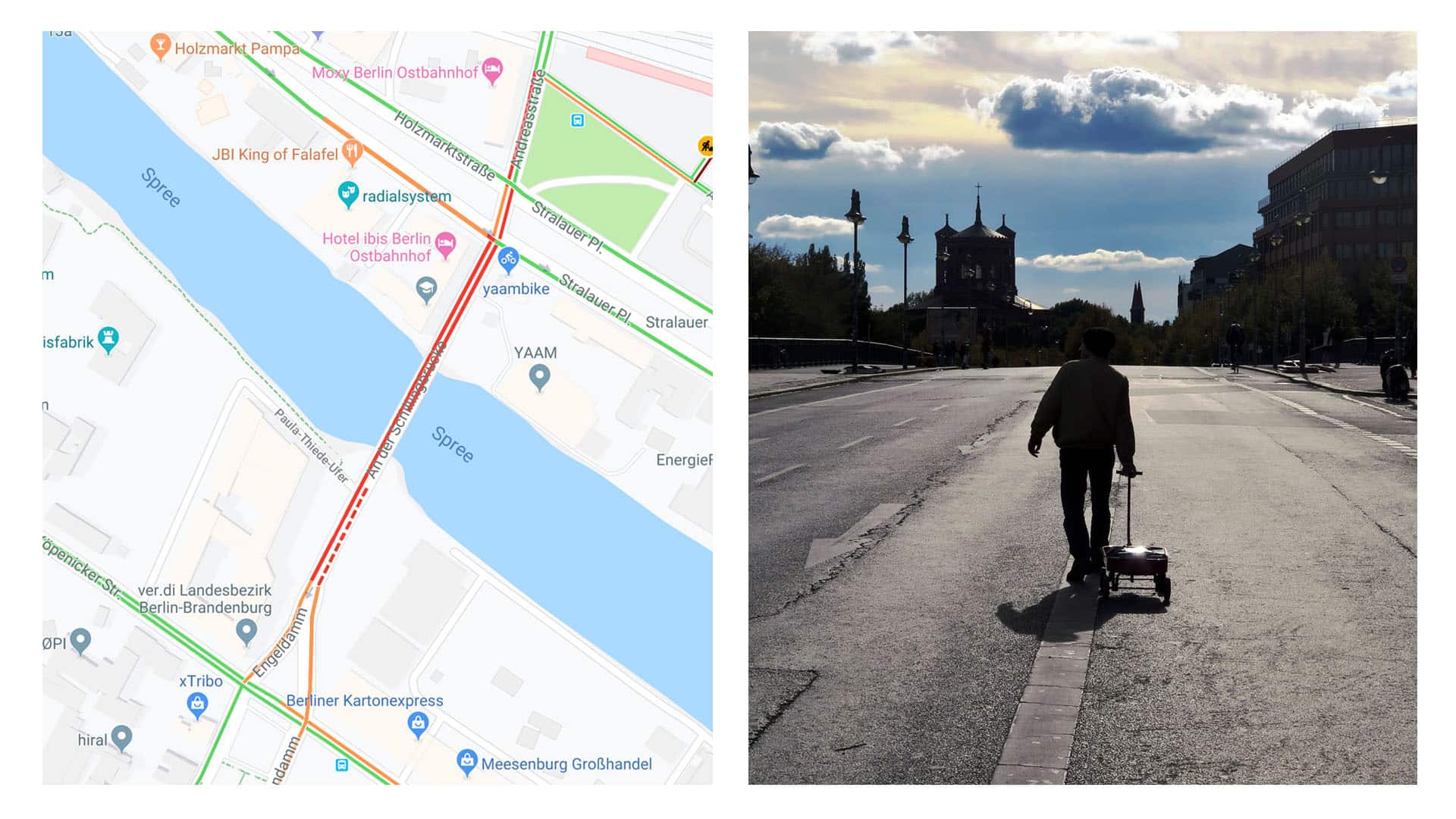 Google Maps displays a traffic jam from artist's project with smartphones.