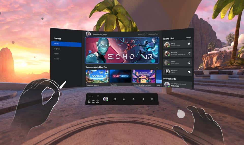 The main menu in the Oculus Quest 2, showing off how controller-free hand tracking works.