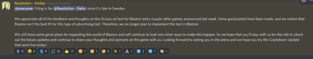 Blaston VR game cancels participation in Facebook's test of advertising in VR. 