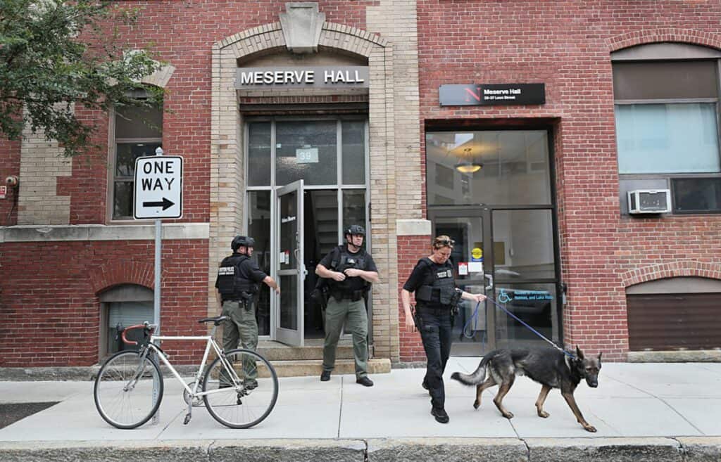 Boston Police outside of Holmes Hall at Northeastern University.