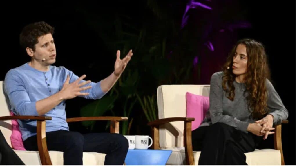 Sam Altman, Chief Executive Officer of OpenAI, and Mira Murati, Chief Technology Officer of OpenAI, speak during The Wall Street Journal’s WSJ Tech Live Conference.