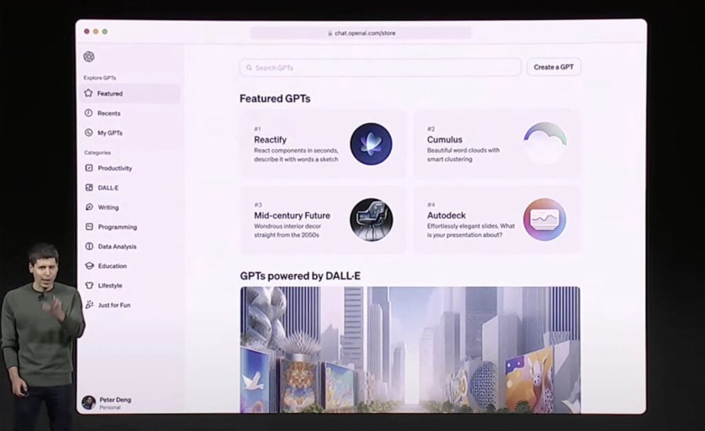 OpenAI will offer a store for user-created GPTs.