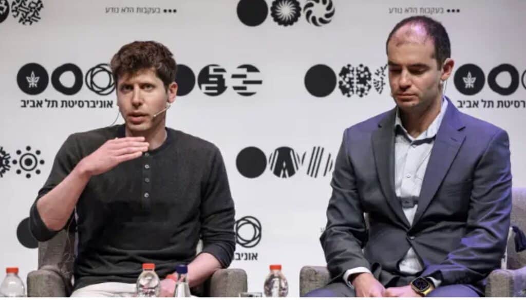 Sam Altman (L), US entrepreneur, investor, programmer, and founder and CEO of artificial intelligence company OpenAI, and the company’s co-founder and chief scientist Ilya Sutskever, speak together at Tel Aviv University in Tel Aviv on June 5, 2023. For now the OpenAI crisis is over.