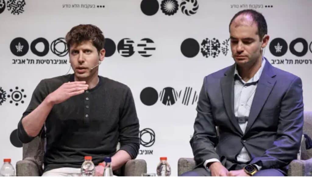 Sam Altman (L), US entrepreneur, investor, programmer, and founder and CEO of artificial intelligence company OpenAI, and the company’s co-founder and chief scientist Ilya Sutskever, speak together at Tel Aviv University in Tel Aviv on June 5, 2023. For now the OpenAI crisis is over. 