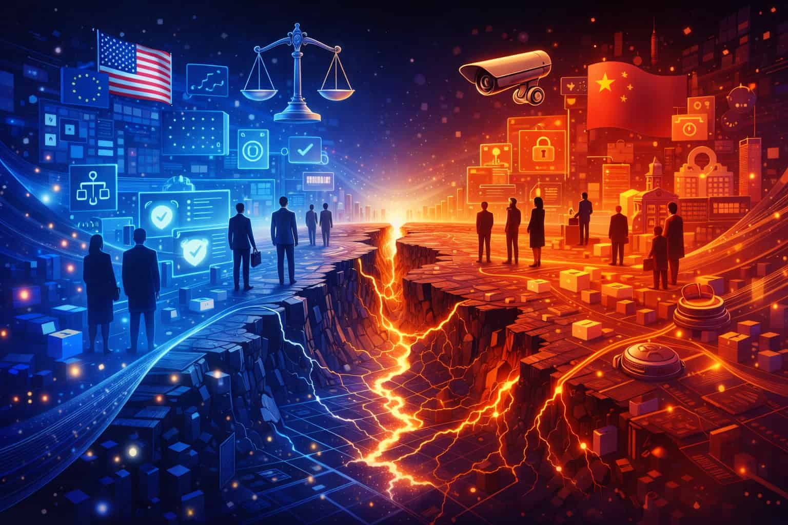 AI regulation bifurcates between the EU frameworks, the open market in the U.S., and state oversight in China.